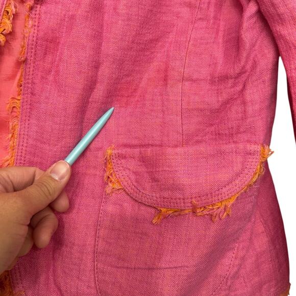 Anne Klein Linen Blazer Pink Orange Fringe Petite 6P Shoulder Pads Y2K Revival - Picture 6 of 7